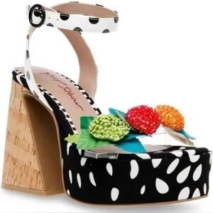 Betsey Johnson Summer Fruit Sequin Polka Dot Embellished Chunky Sandal Heels